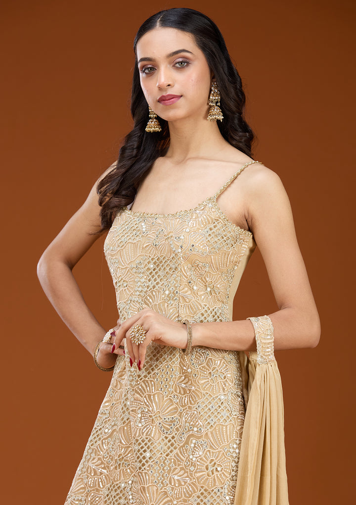 Beige Tissue Threadwork Straight Kurta With Palazzo And Dupatta