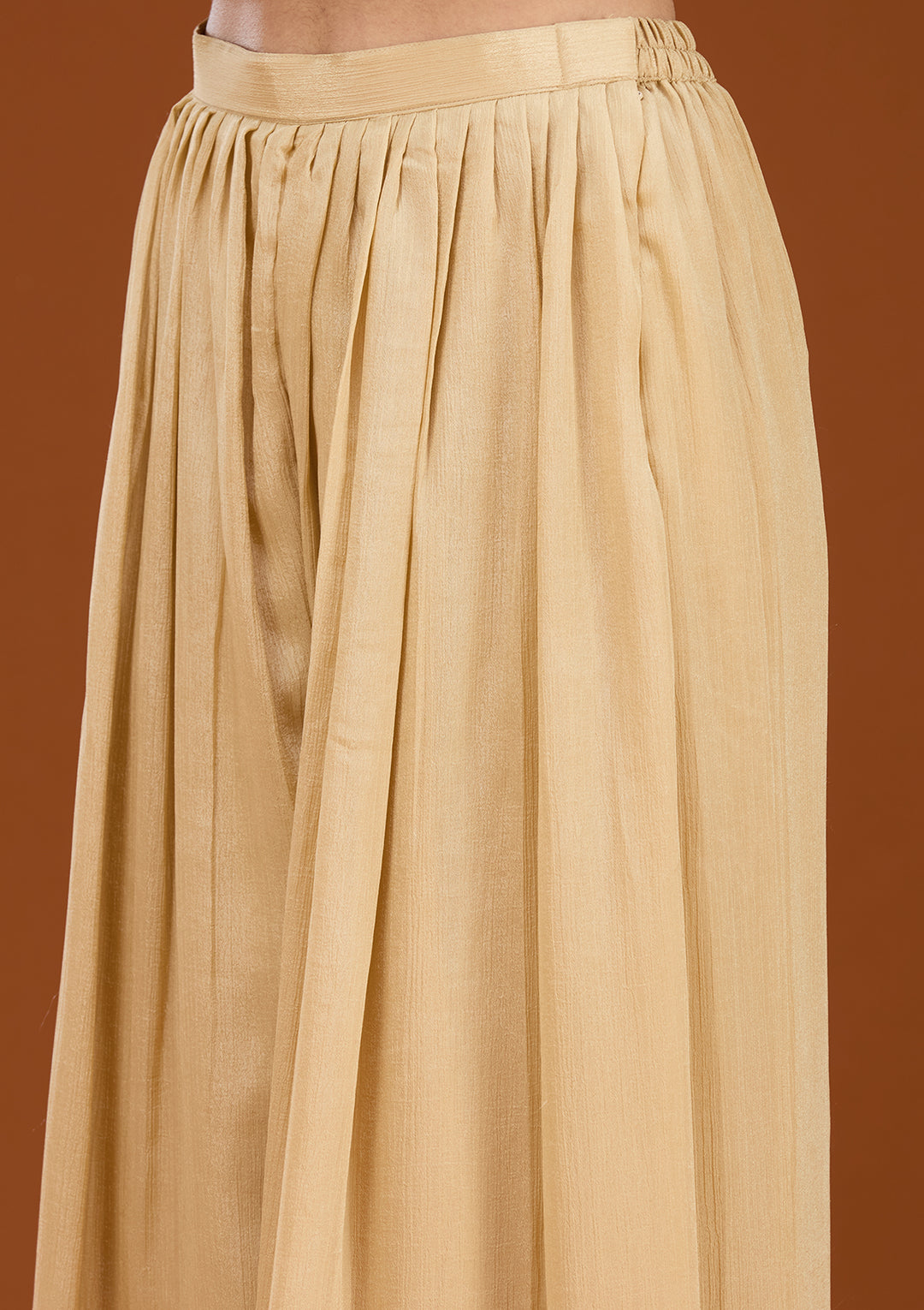 Beige Tissue Threadwork Straight Kurta With Palazzo And Dupatta