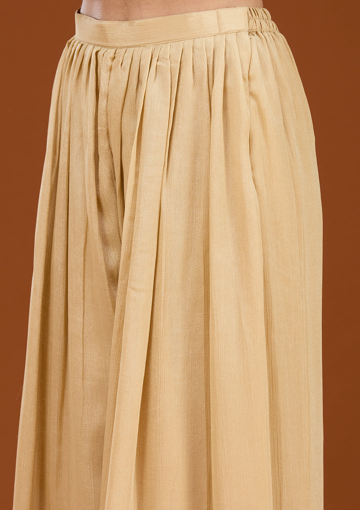 Beige Tissue Threadwork Straight Kurta With Palazzo And Dupatta