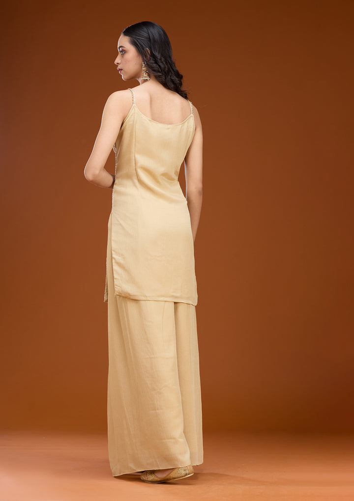 Beige Tissue Threadwork Straight Kurta With Palazzo And Dupatta