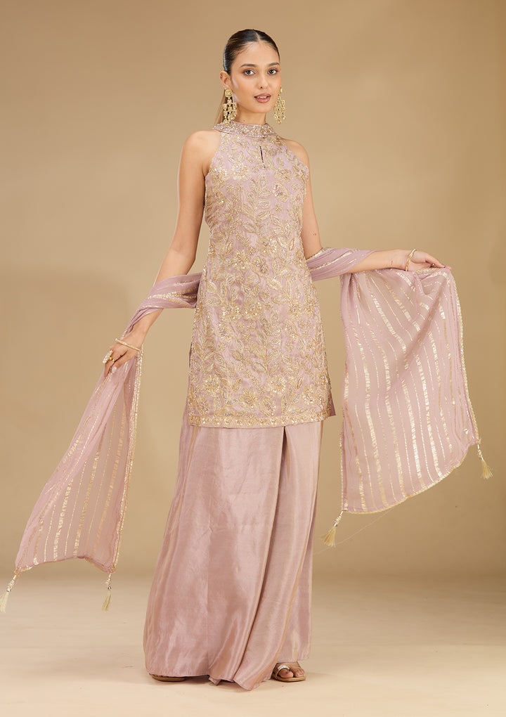 Lavender Tissue Cutdana Straight Kurta With Sharara And Dupatta