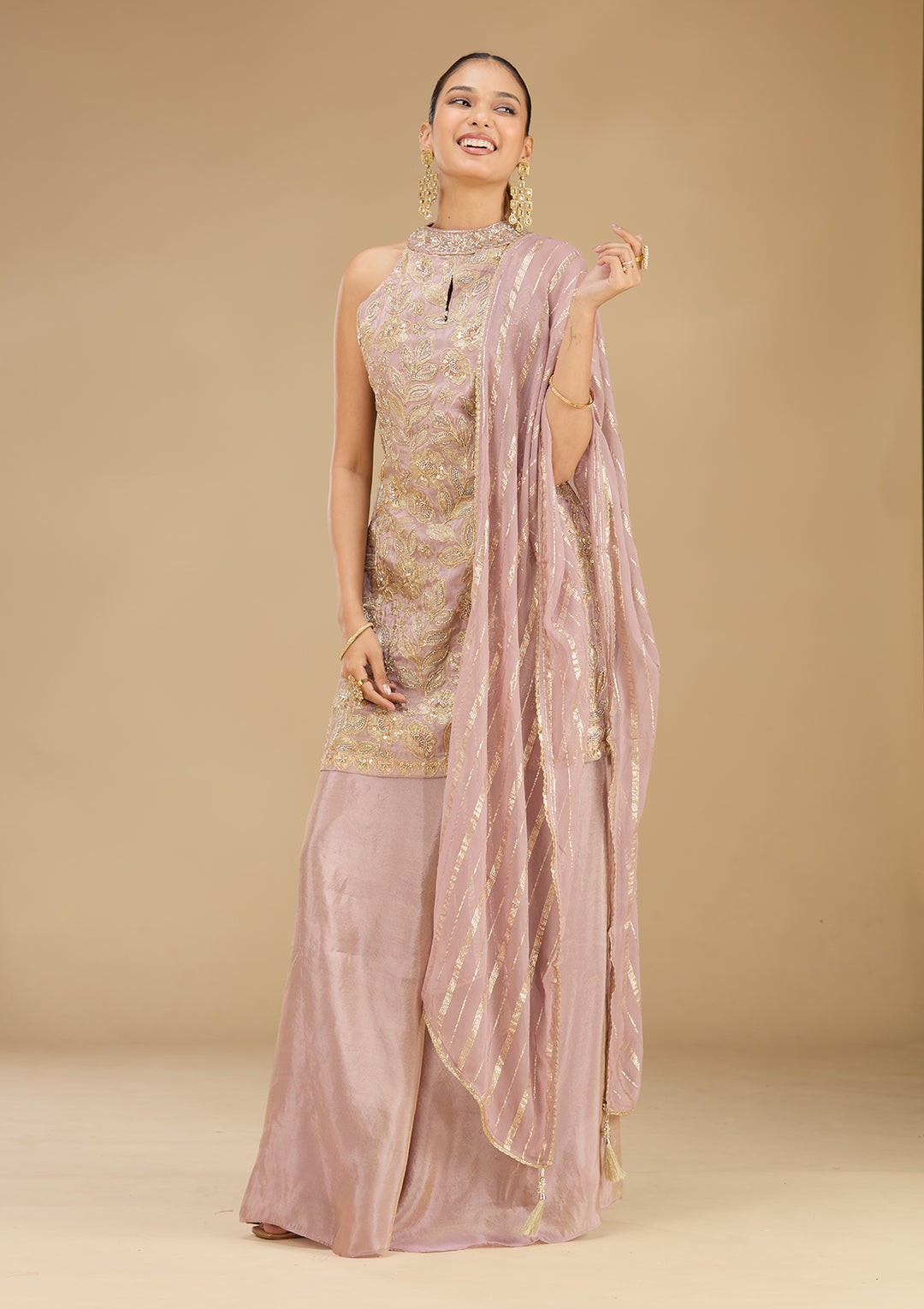 Lavender Tissue Cutdana Straight Kurta With Sharara And Dupatta