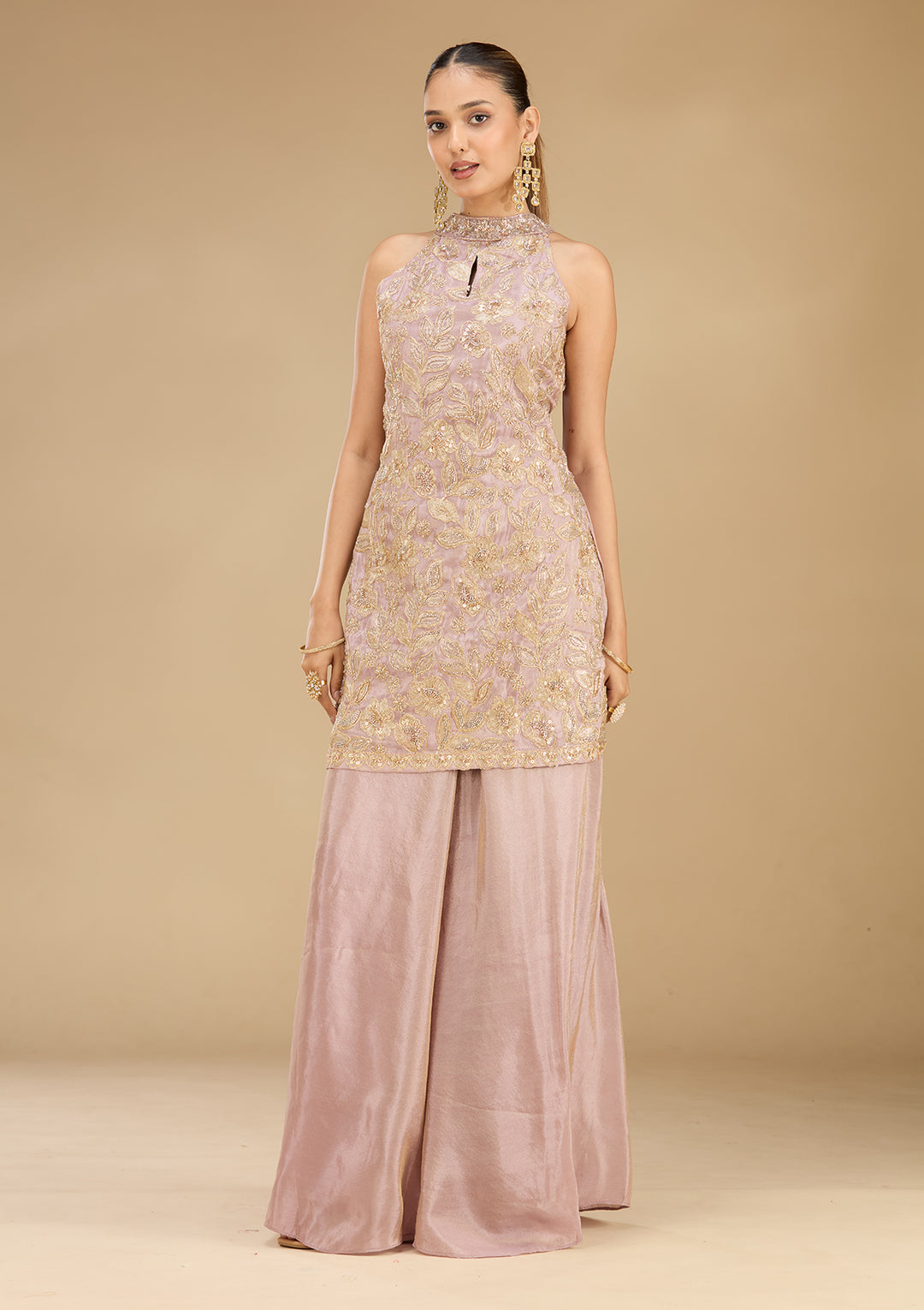 Lavender Tissue Cutdana Straight Kurta With Sharara And Dupatta