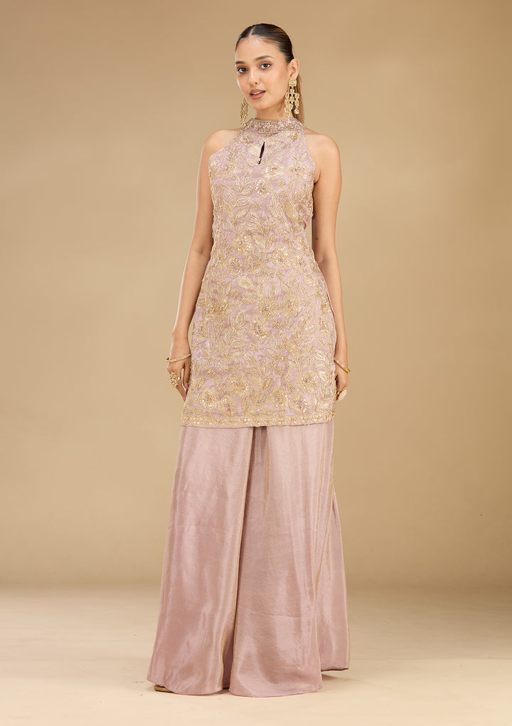 Lavender Tissue Cutdana Straight Kurta With Sharara And Dupatta