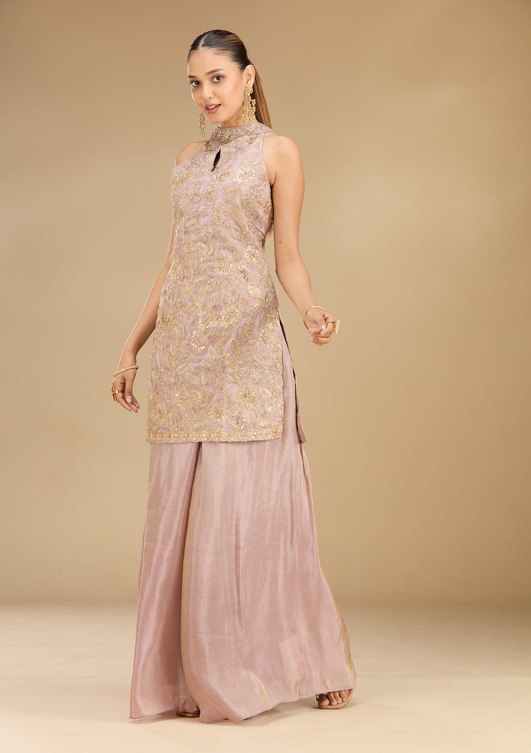 Lavender Tissue Cutdana Straight Kurta With Sharara And Dupatta
