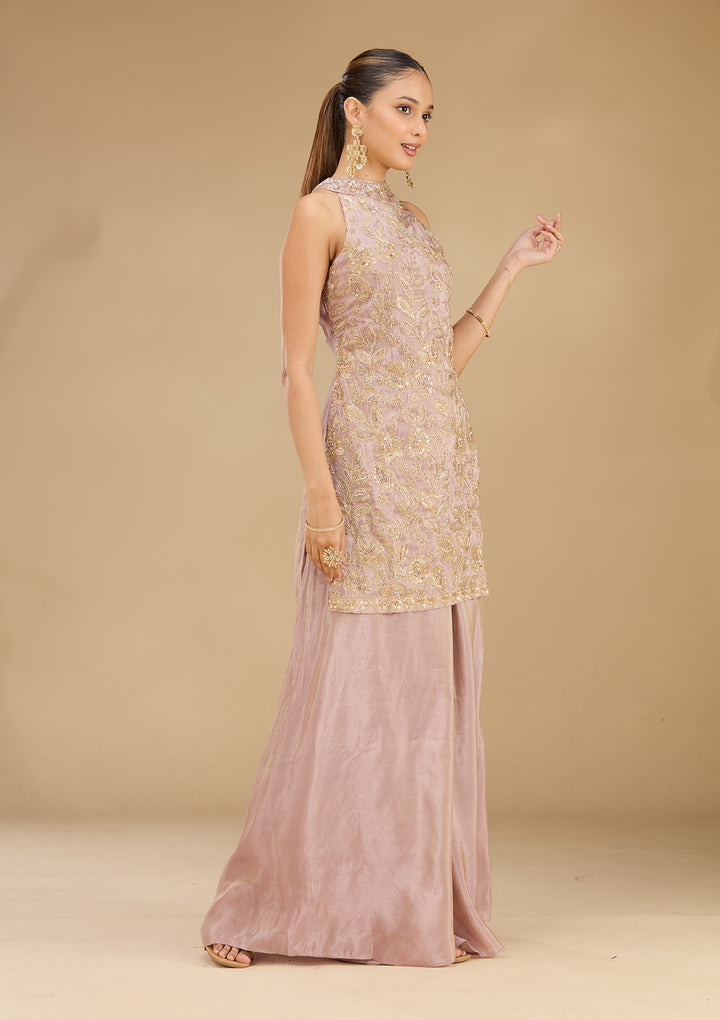 Lavender Tissue Cutdana Straight Kurta With Sharara And Dupatta