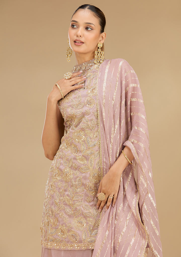 Lavender Tissue Cutdana Straight Kurta With Sharara And Dupatta