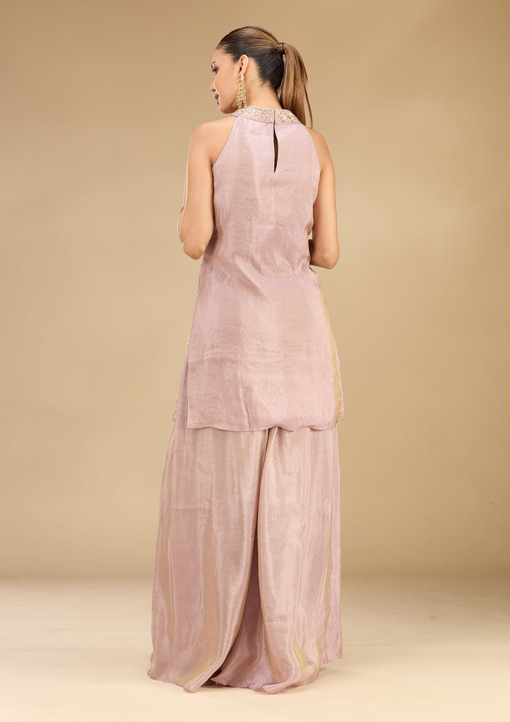 Lavender Tissue Cutdana Straight Kurta With Sharara And Dupatta