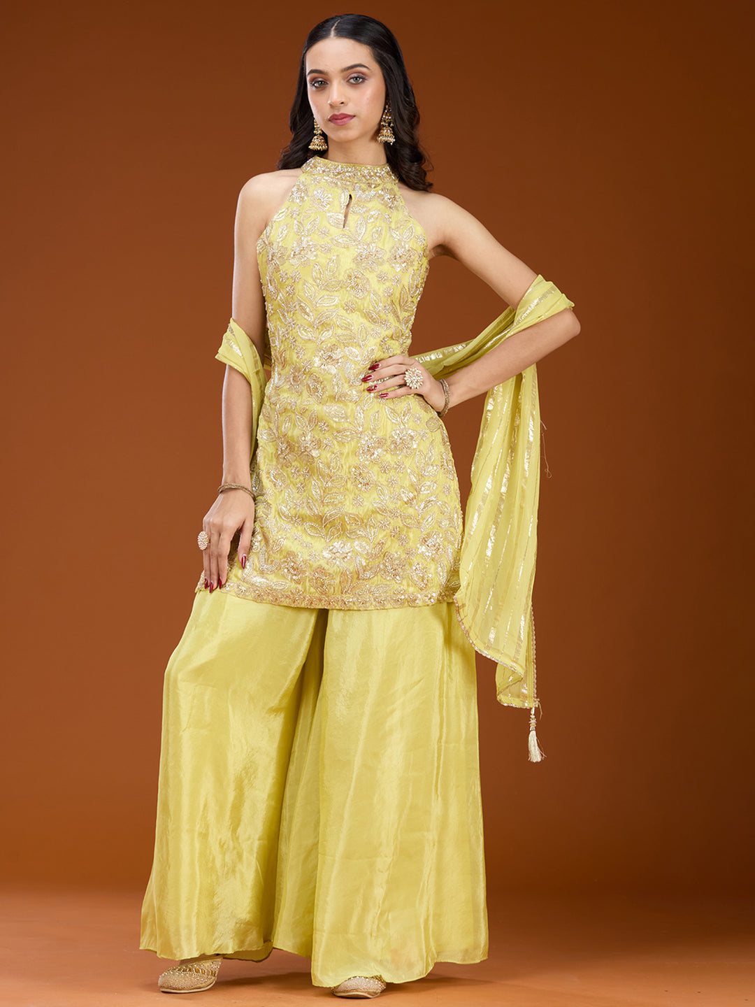Lime Green Tissue Cutdana Straight Kurta With Sharara And Dupatta