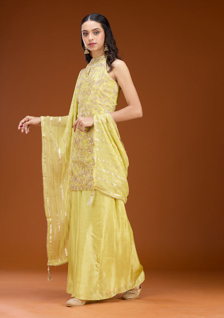 Lime Green Tissue Cutdana Straight Kurta With Sharara And Dupatta