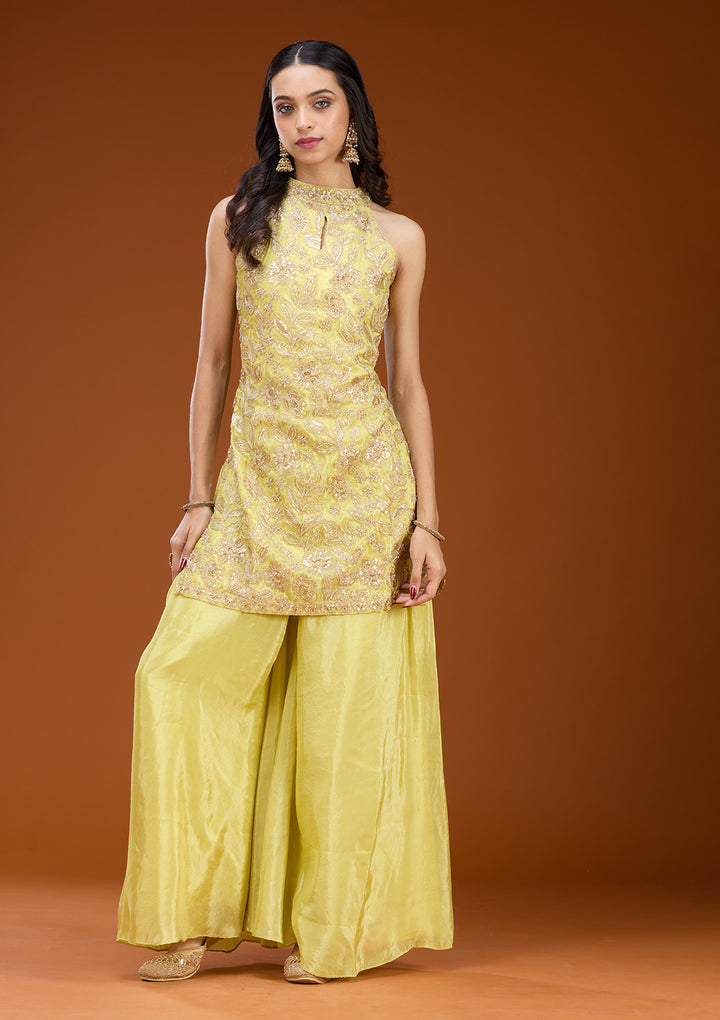 Lime Green Tissue Cutdana Straight Kurta With Sharara And Dupatta