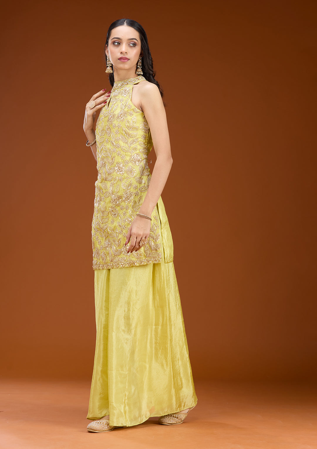 Lime Green Tissue Cutdana Straight Kurta With Sharara And Dupatta