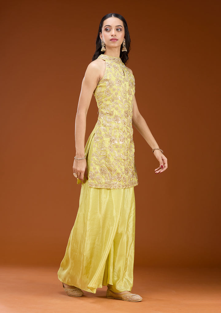 Lime Green Tissue Cutdana Straight Kurta With Sharara And Dupatta