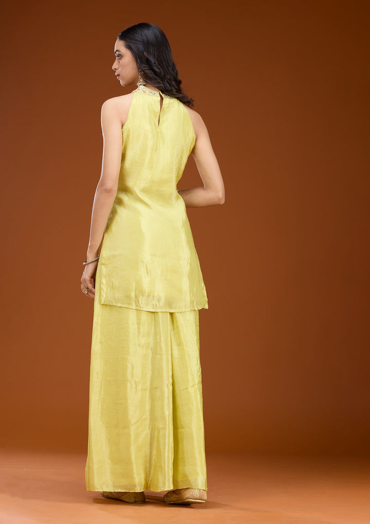 Lime Green Tissue Cutdana Straight Kurta With Sharara And Dupatta