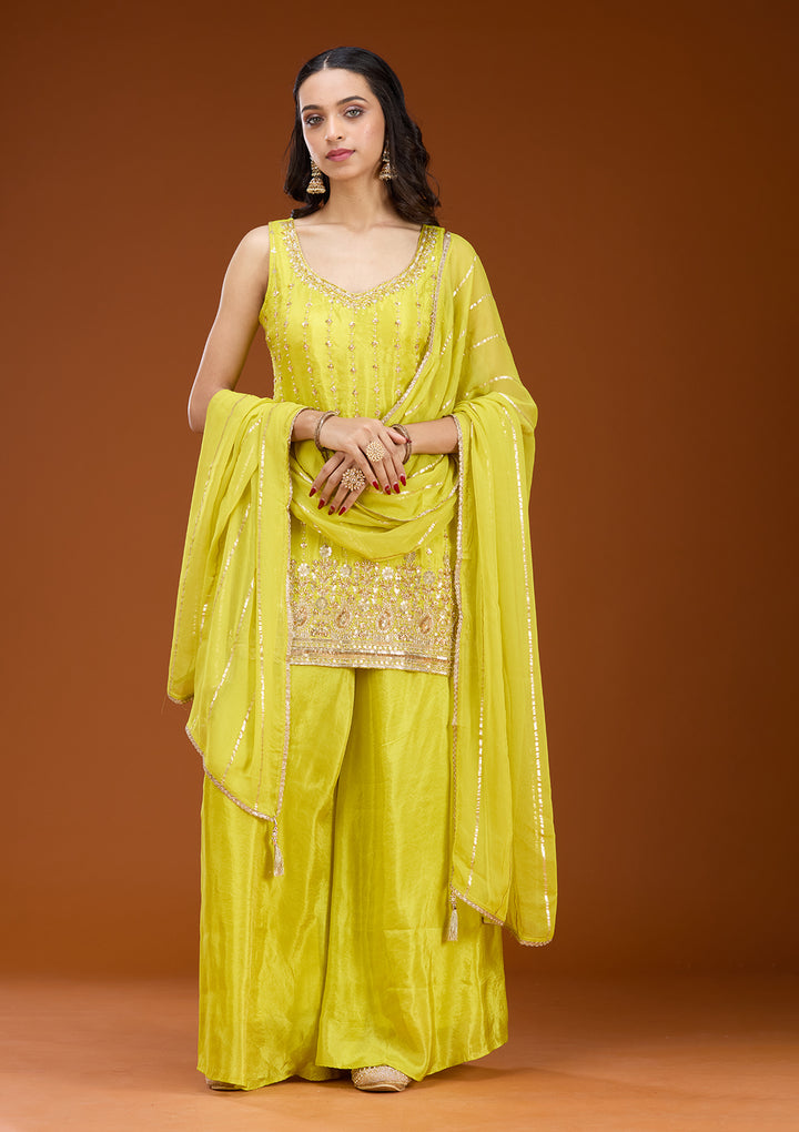 Lime Green Tissue Cutdana Straight Kurta With Sharara And Dupatta