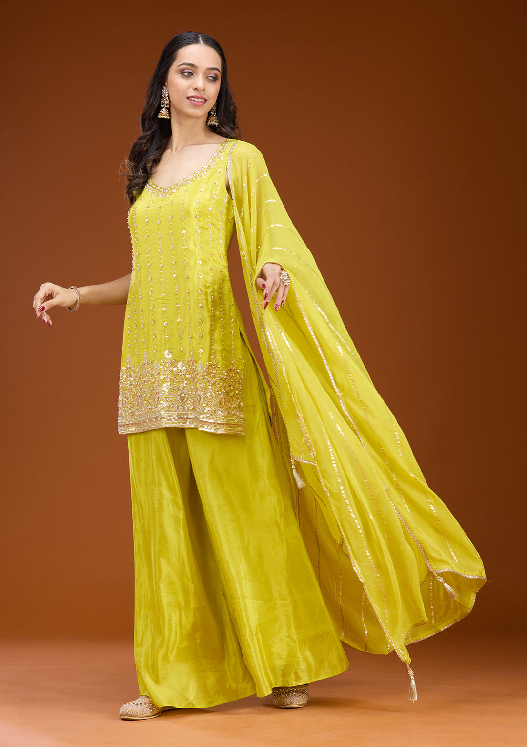 Lime Green Tissue Cutdana Straight Kurta With Sharara And Dupatta