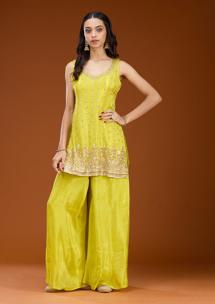 Lime Green Tissue Cutdana Straight Kurta With Sharara And Dupatta