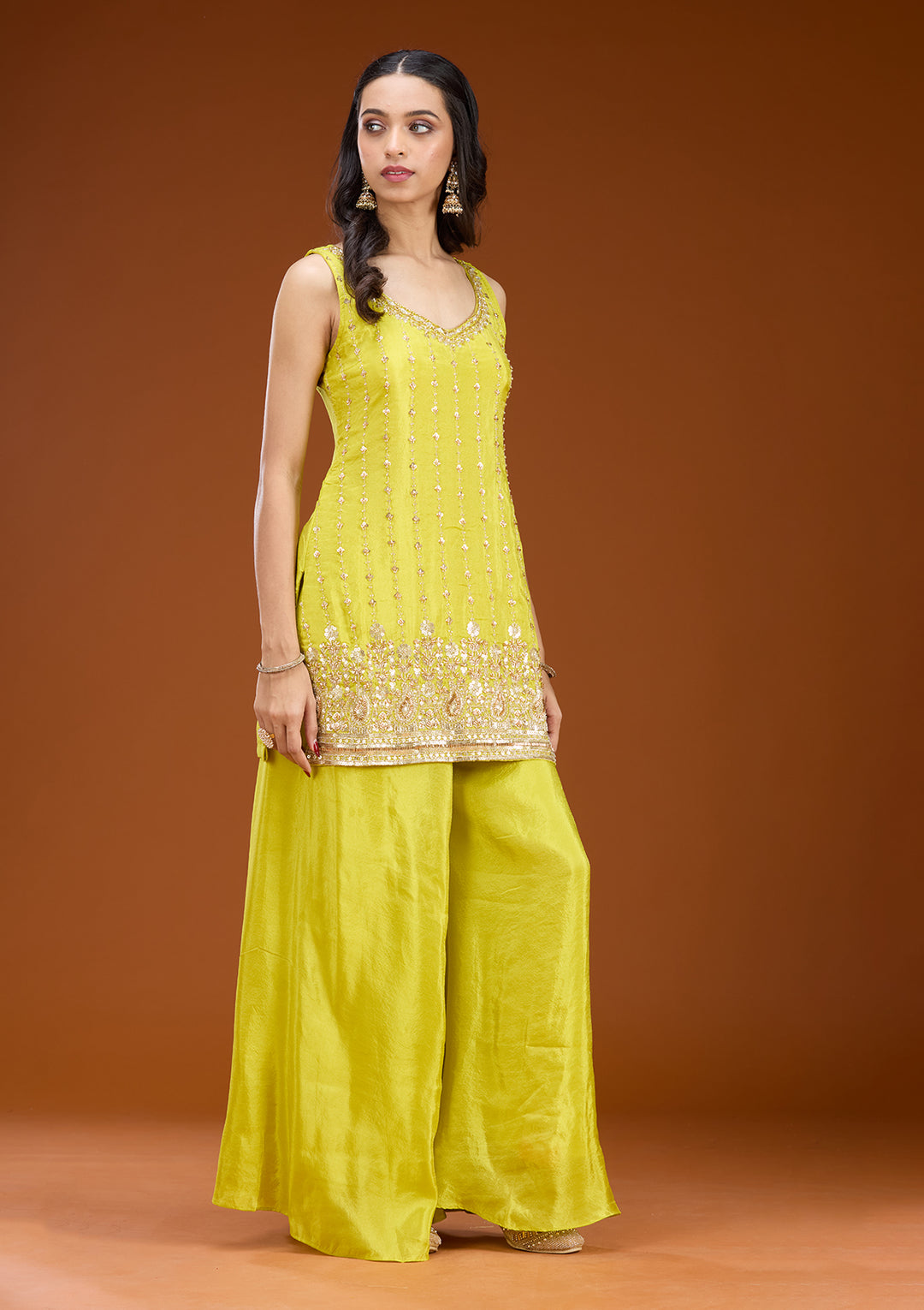 Lime Green Tissue Cutdana Straight Kurta With Sharara And Dupatta