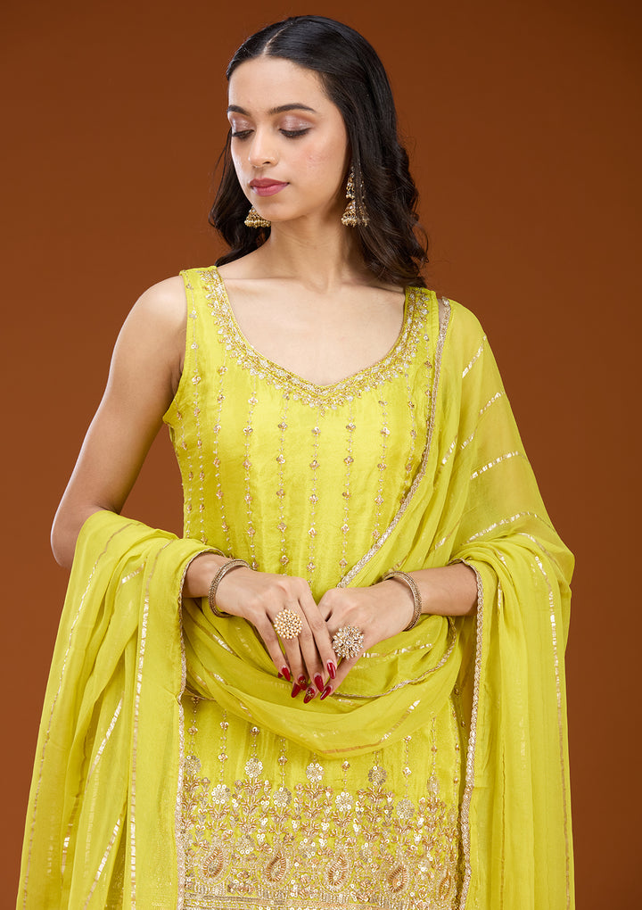 Lime Green Tissue Cutdana Straight Kurta With Sharara And Dupatta