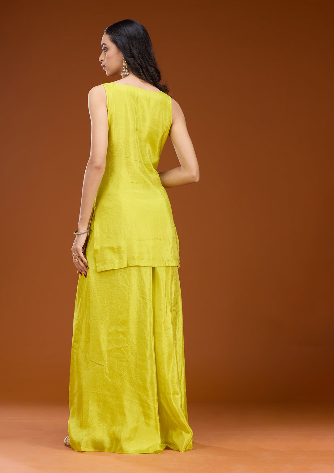 Lime Green Tissue Cutdana Straight Kurta With Sharara And Dupatta