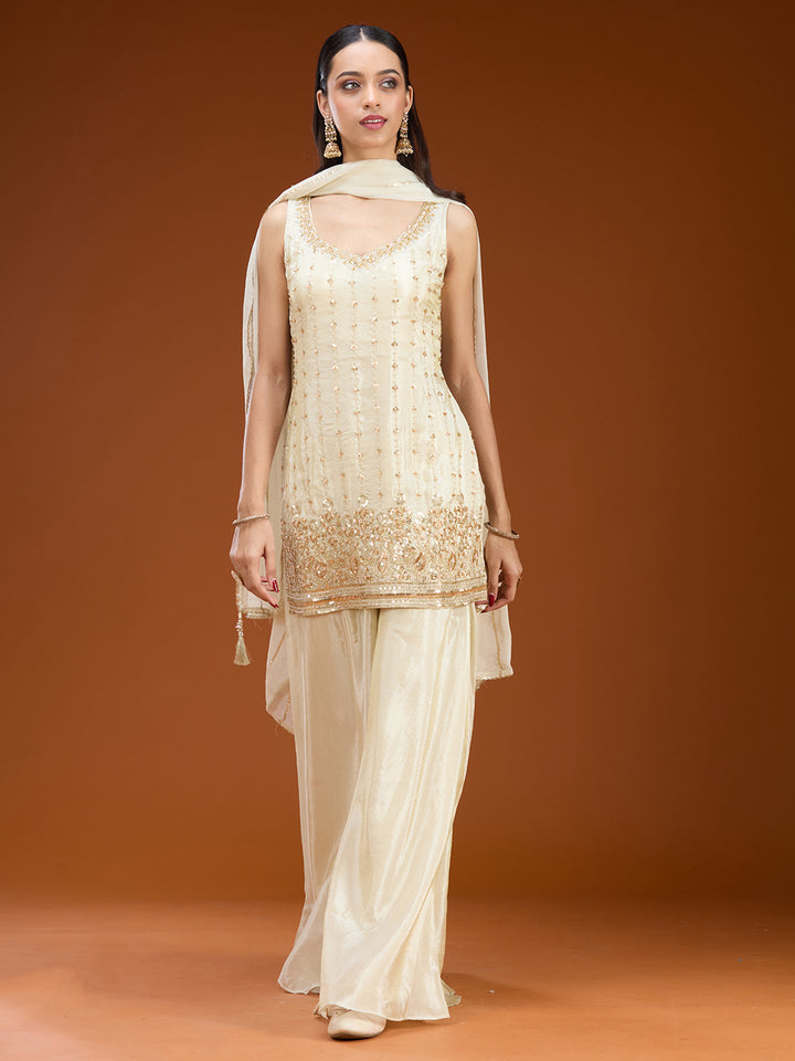 Off White Tissue Cutdana Straight Kurta With Sharara And Dupatta