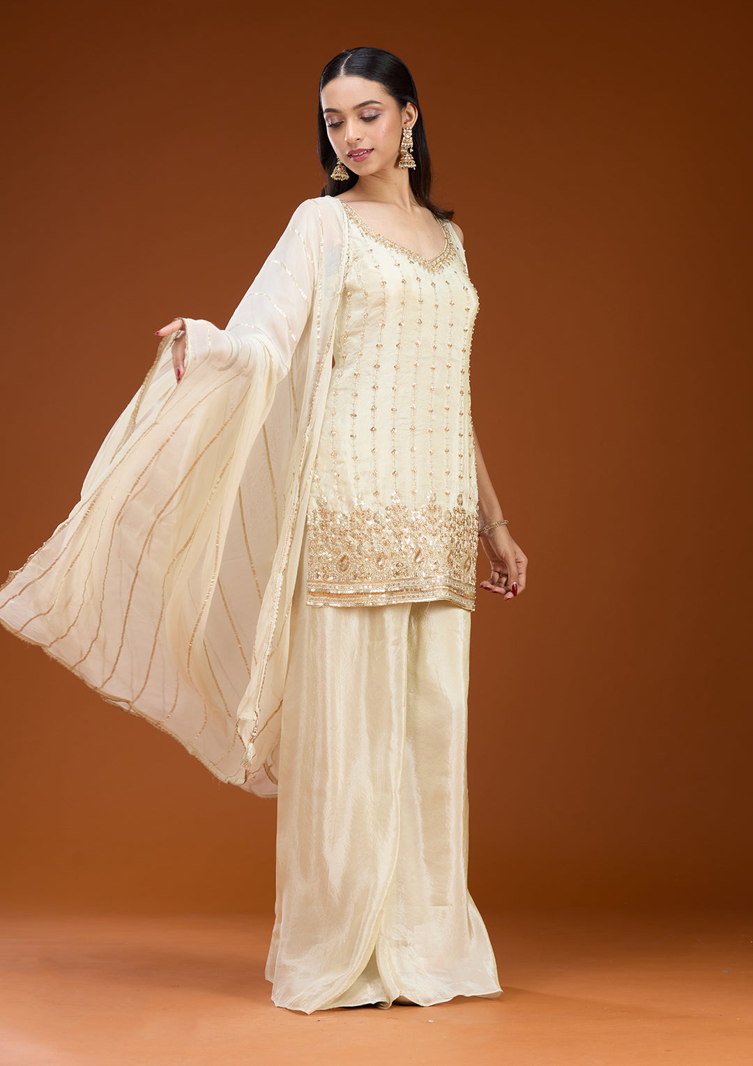 Off White Tissue Cutdana Straight Kurta With Sharara And Dupatta