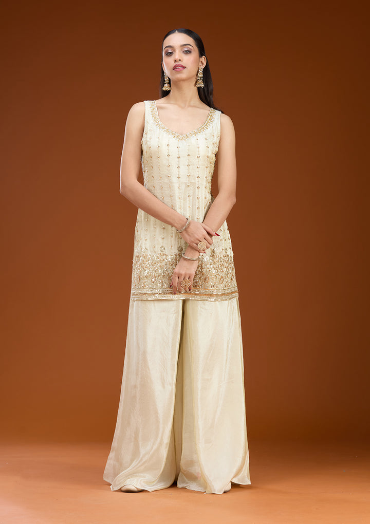 Off White Tissue Cutdana Straight Kurta With Sharara And Dupatta