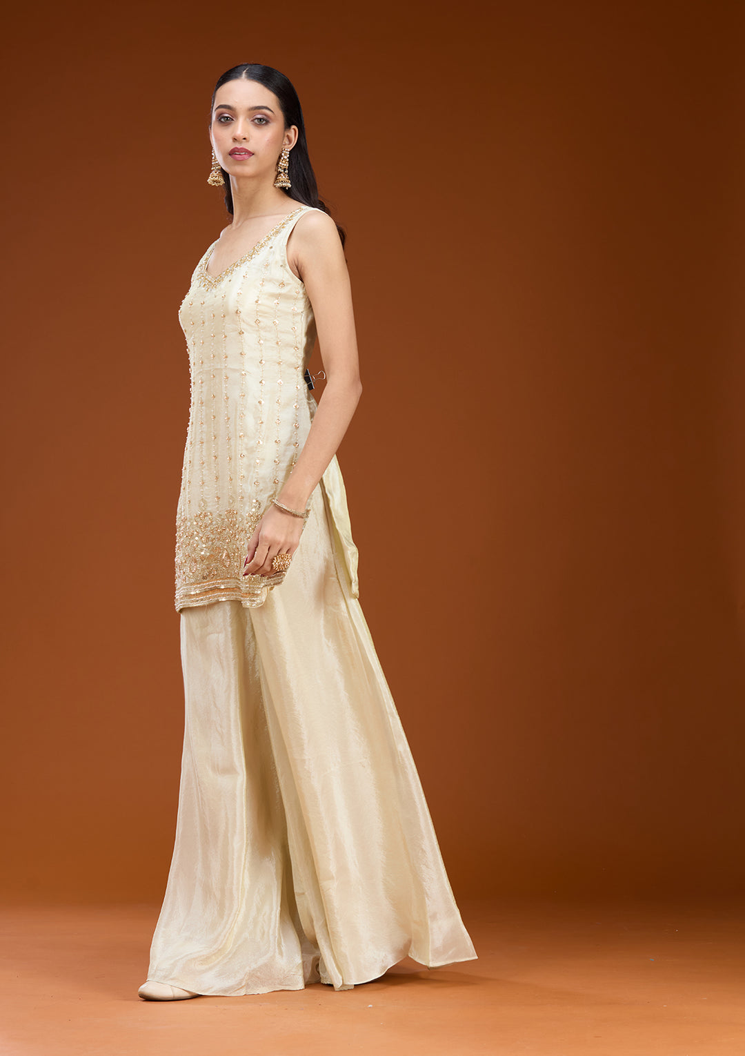 Off White Tissue Cutdana Straight Kurta With Sharara And Dupatta