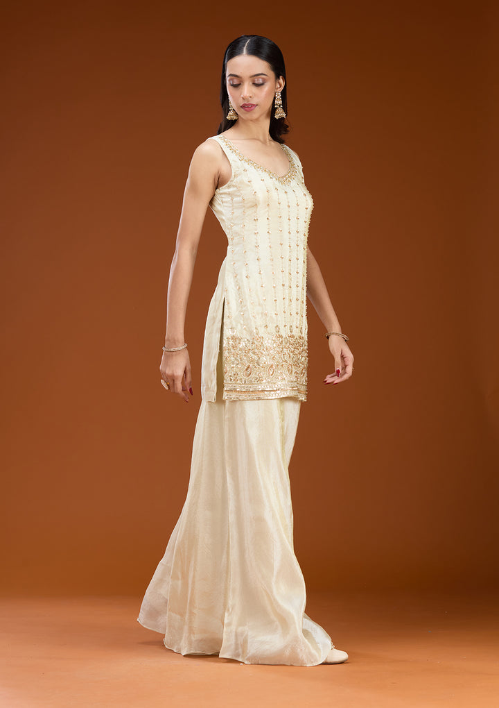 Off White Tissue Cutdana Straight Kurta With Sharara And Dupatta