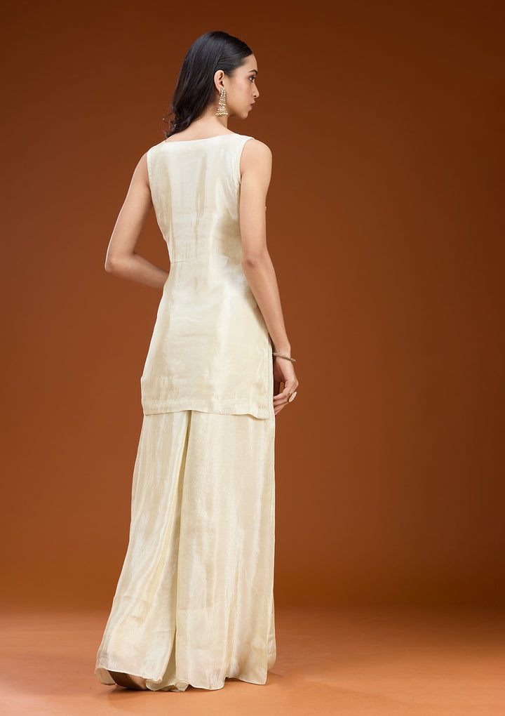 Off White Tissue Cutdana Straight Kurta With Sharara And Dupatta