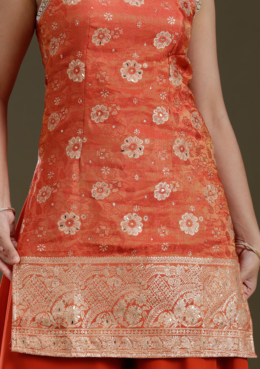 Orange Cutdana Brocade Readymade Salwar Suit