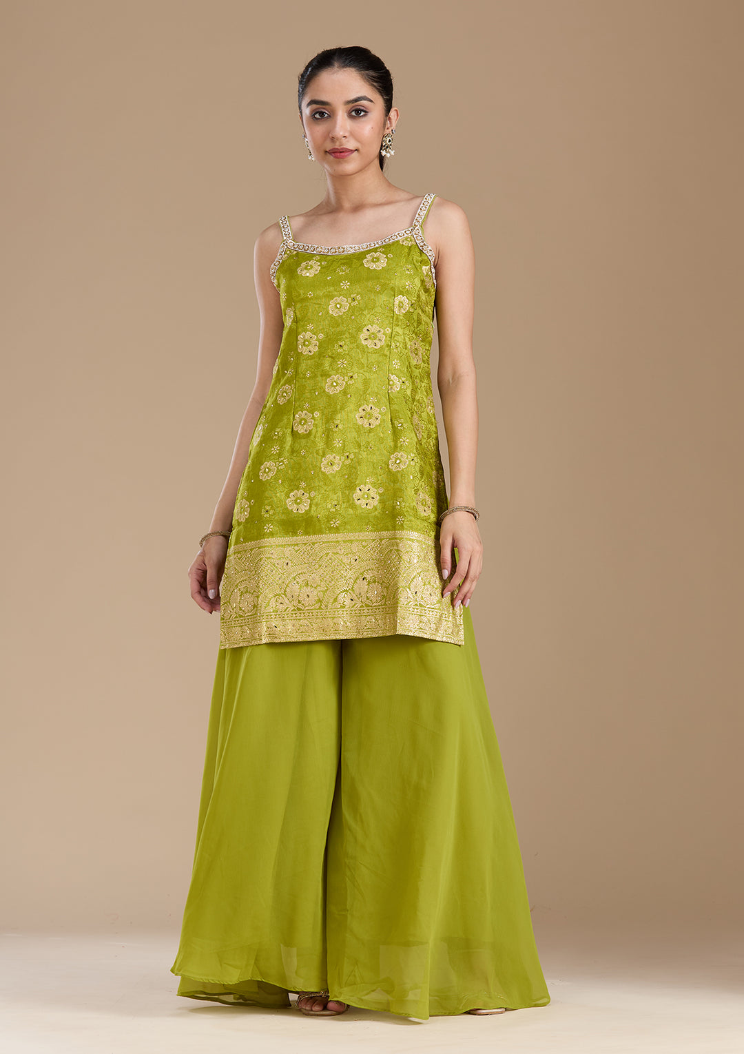 Parrot Green Cutdana Brocade Readymade Salwar Suit