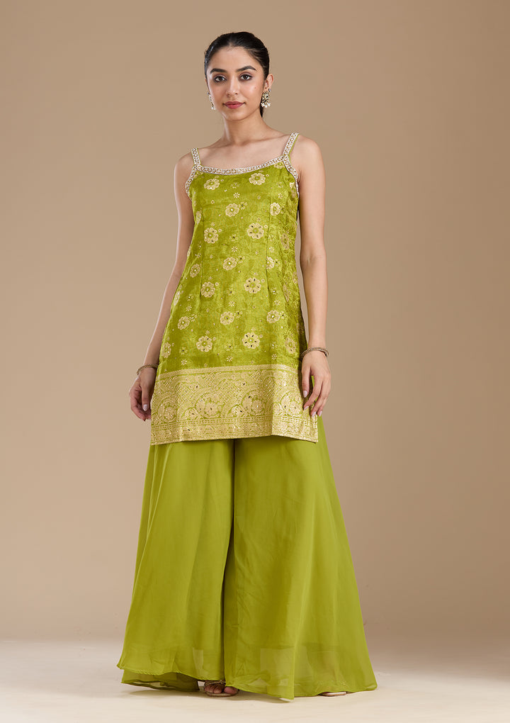 Parrot Green Cutdana Brocade Readymade Salwar Suit