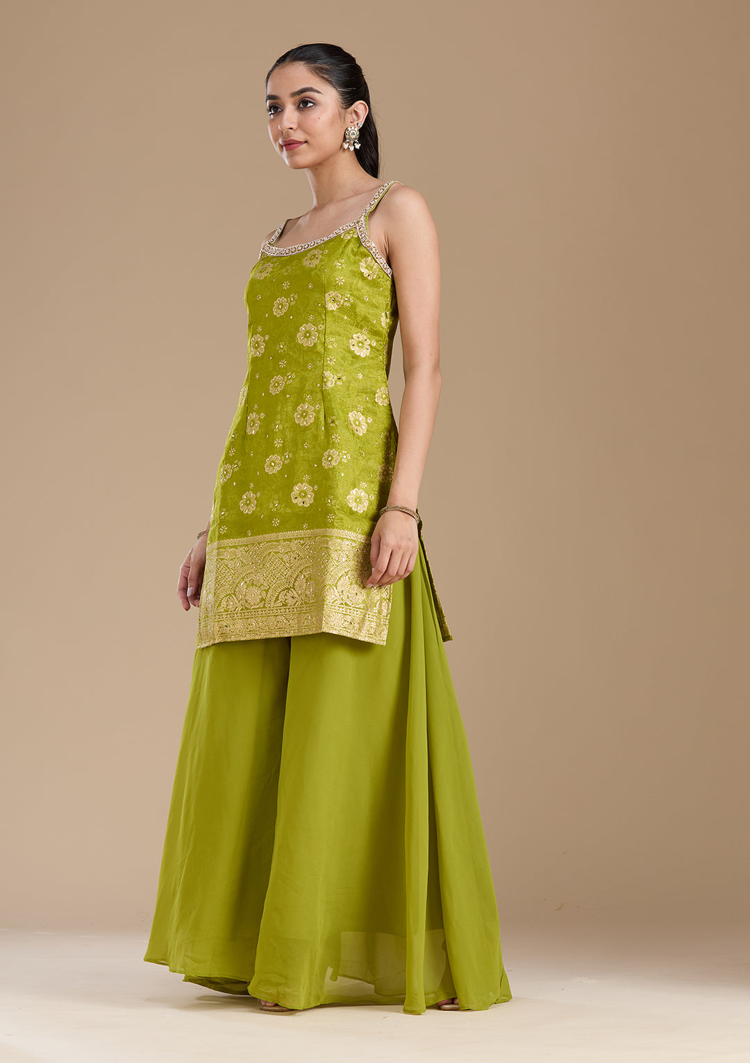 Parrot Green Cutdana Brocade Readymade Salwar Suit