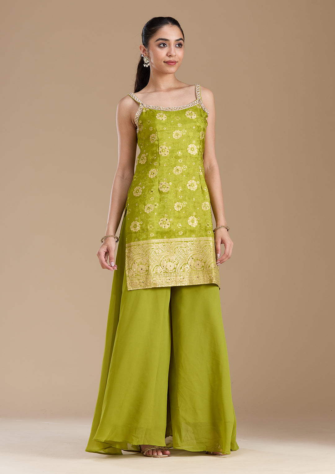 Parrot Green Cutdana Brocade Readymade Salwar Suit
