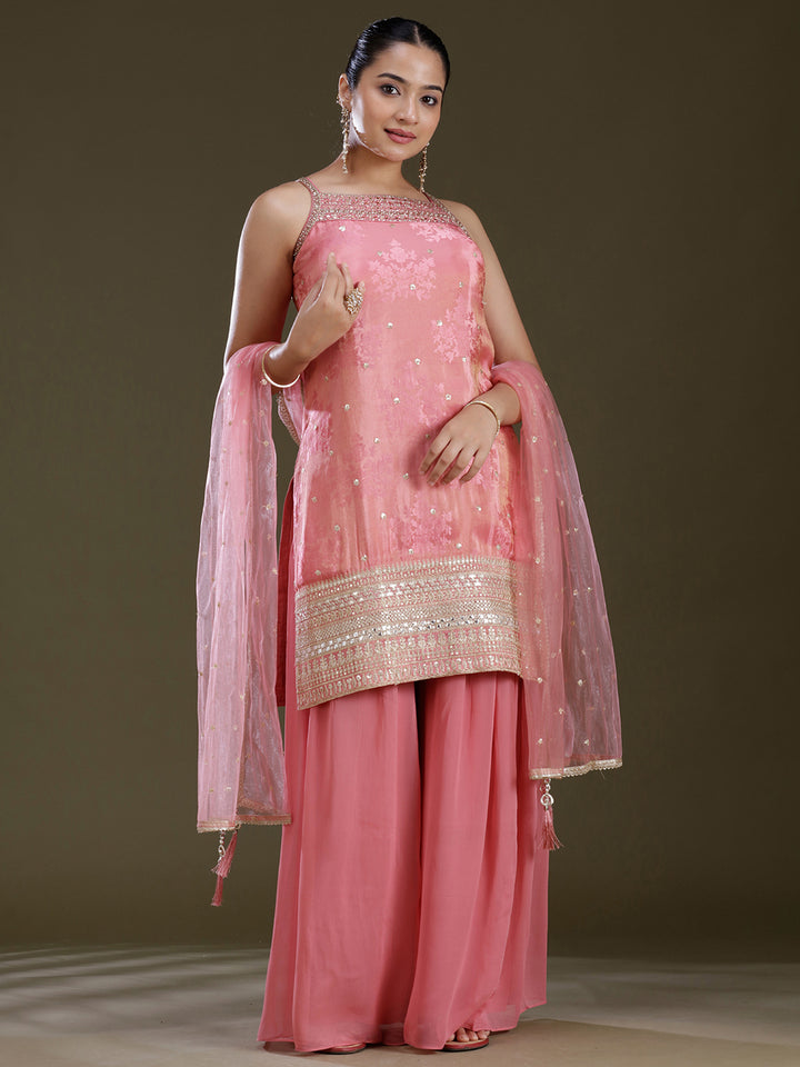 Onion Pink Zariwork (Gold) Tissue Readymade Salwar Suit