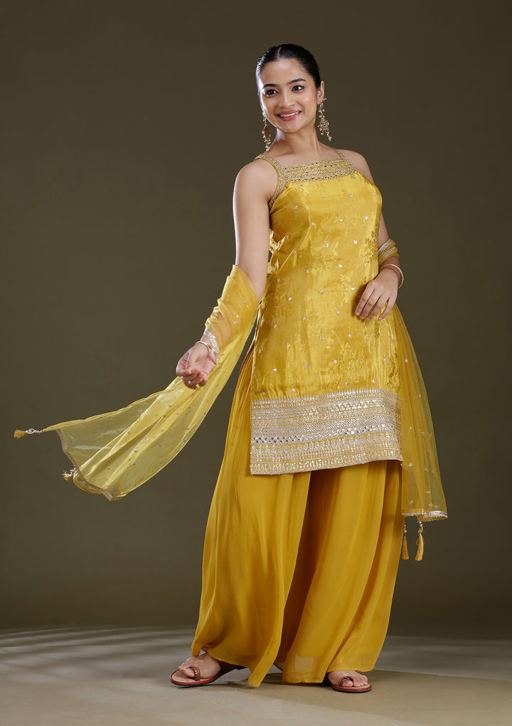 Yellow Zariwork (Gold) Tissue Readymade Salwar Suit