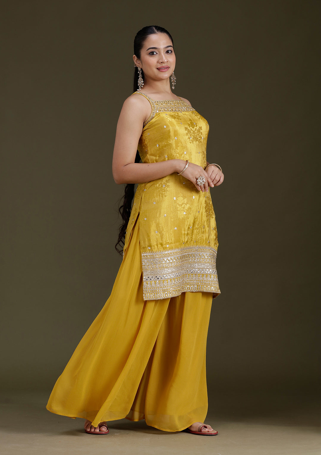 Yellow Zariwork (Gold) Tissue Readymade Salwar Suit