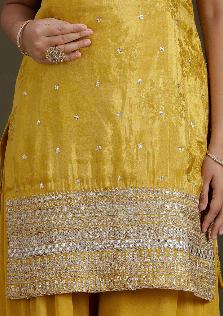 Yellow Zariwork (Gold) Tissue Readymade Salwar Suit
