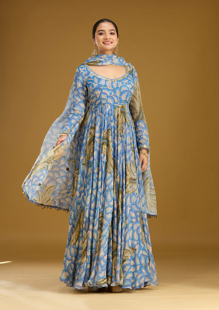 Blue Mirrorwork Crepe Readymade Salwar Suit