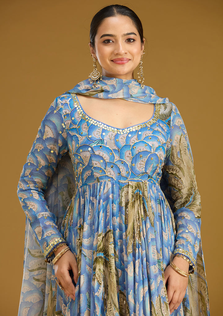 Blue Mirrorwork Crepe Readymade Salwar Suit