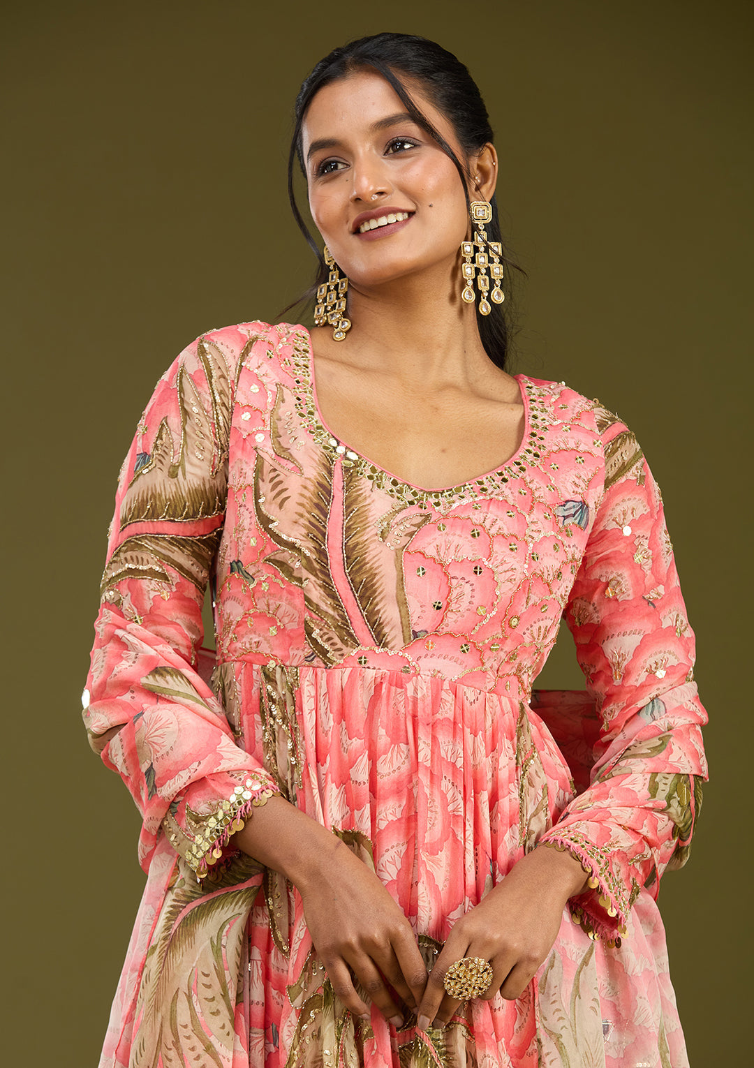 Pink Mirrorwork Crepe Readymade Salwar Suit