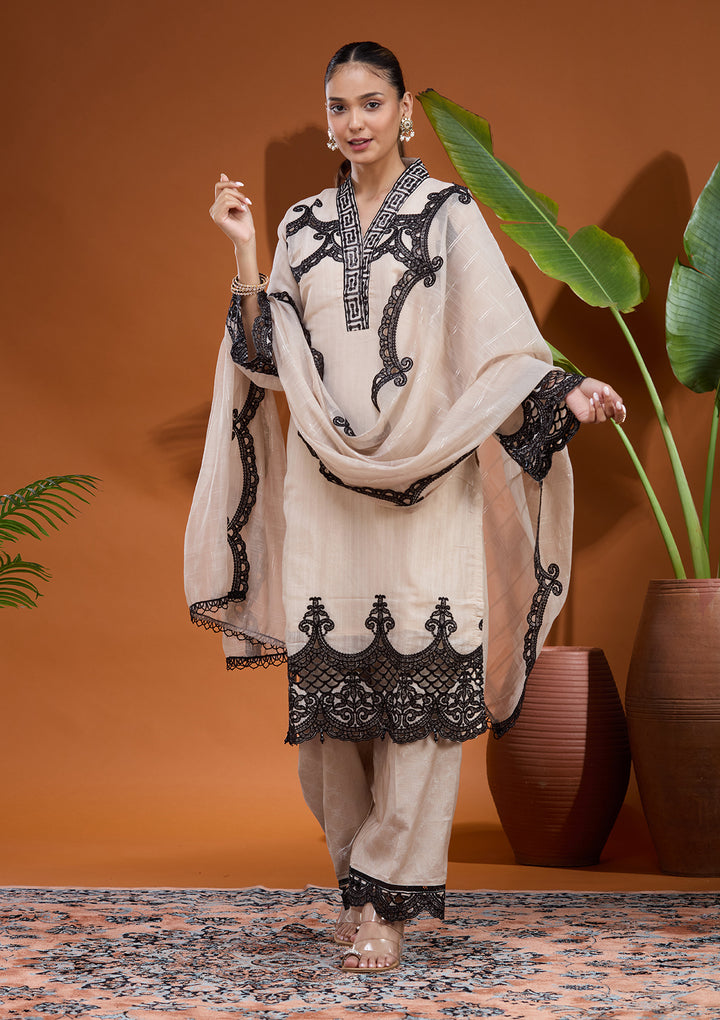 Beige Threadwork Tissue Readymade Salwar Suit