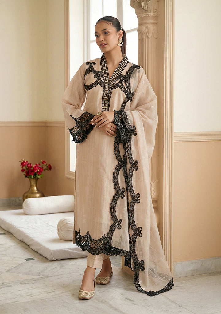 Beige Tissue Threadwork Straight Kurta With Regular Pant And Dupatta
