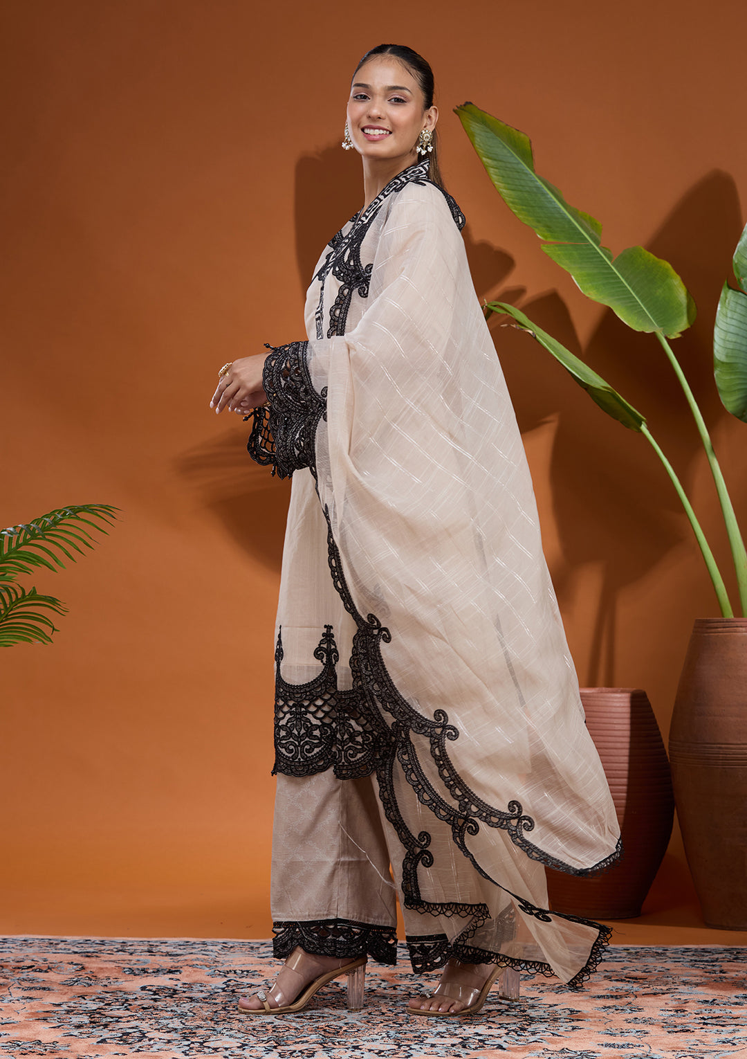 Beige Threadwork Tissue Readymade Salwar Suit