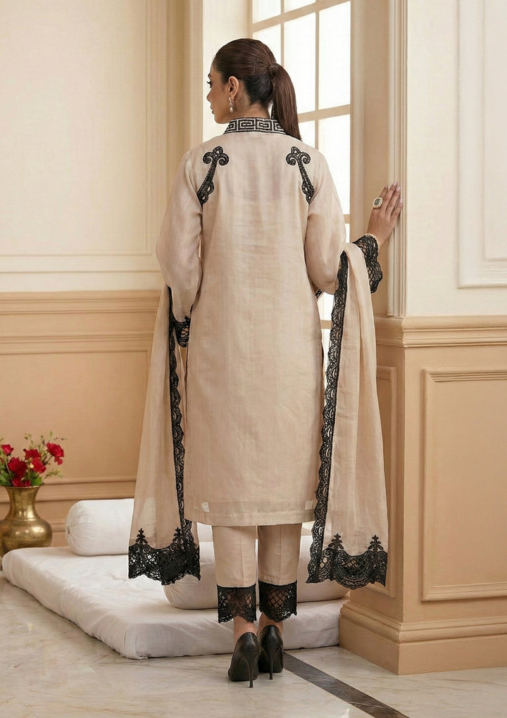 Beige Tissue Threadwork Straight Kurta With Regular Pant And Dupatta