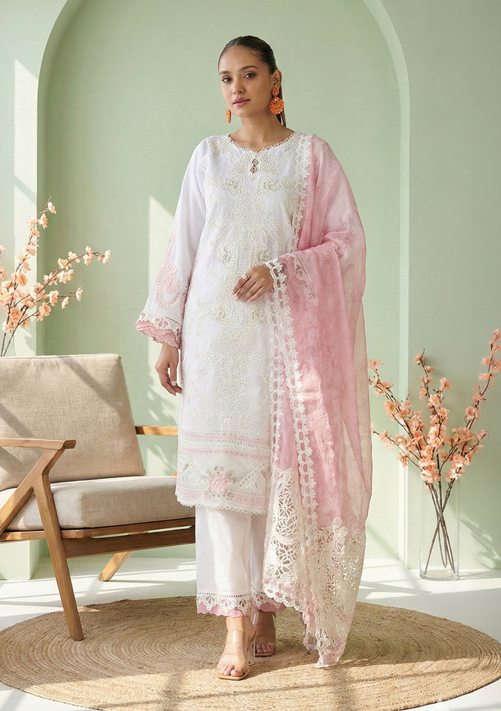 White Tissue Threadwork Straight Kurta With Pant Regular And Dupatta