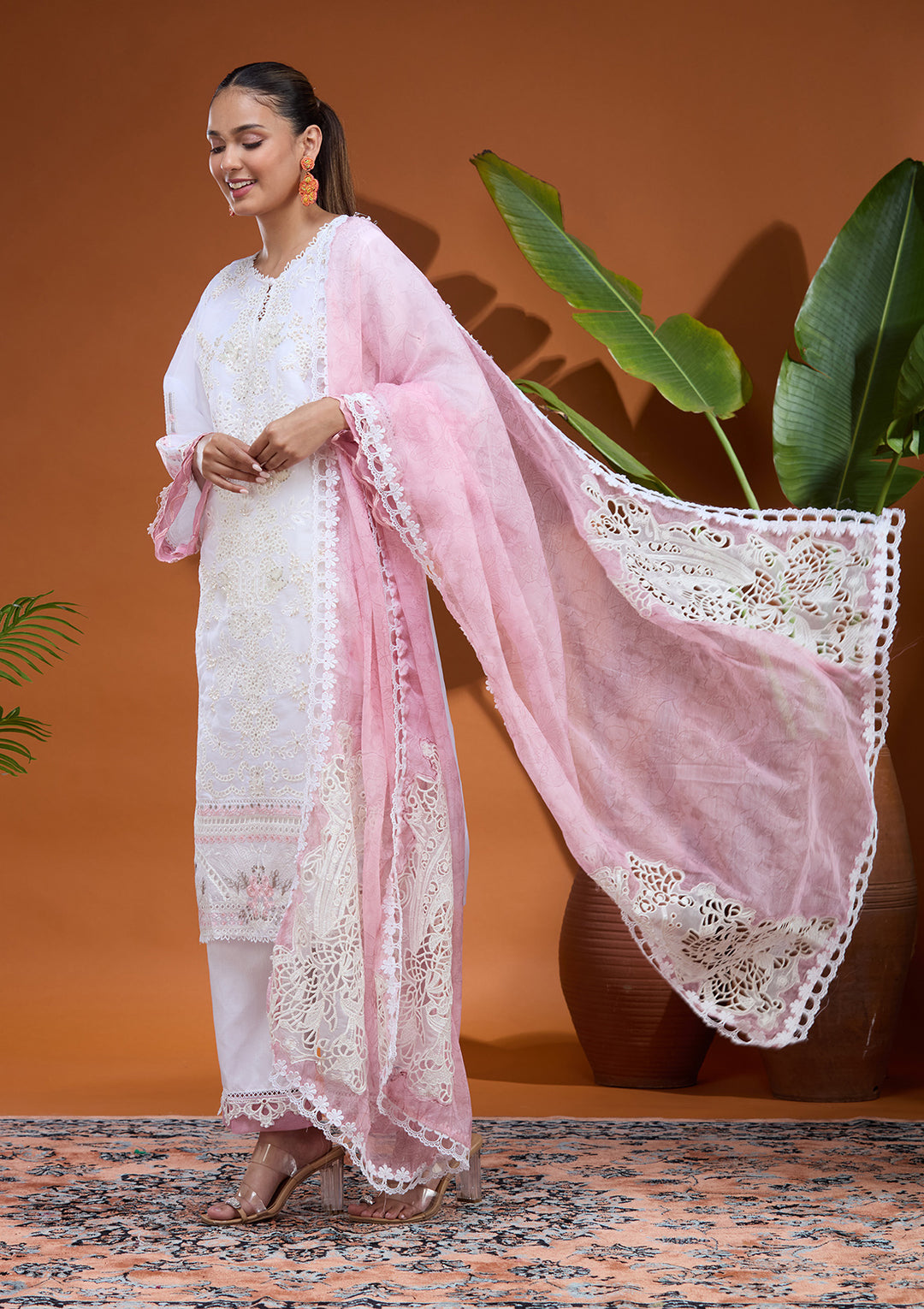 White Threadwork Tissue Readymade Salwar Suit