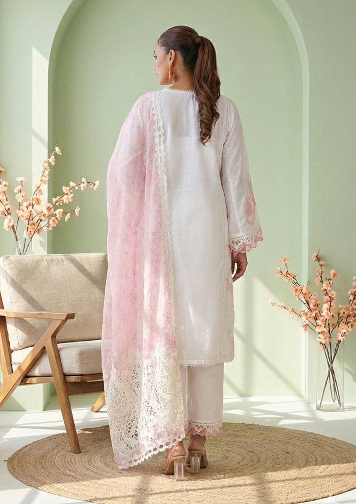 White Tissue Threadwork Straight Kurta With Pant Regular And Dupatta