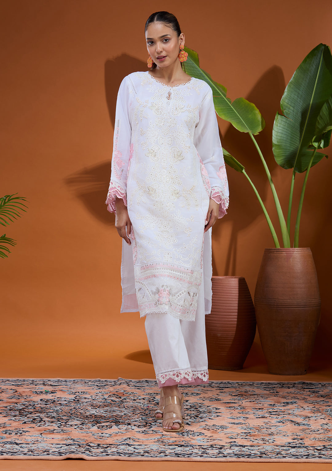 White Threadwork Tissue Readymade Salwar Suit